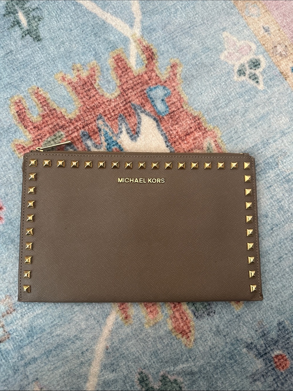 Michael Kors Brown Leather Zip Pouch with Gold Studs